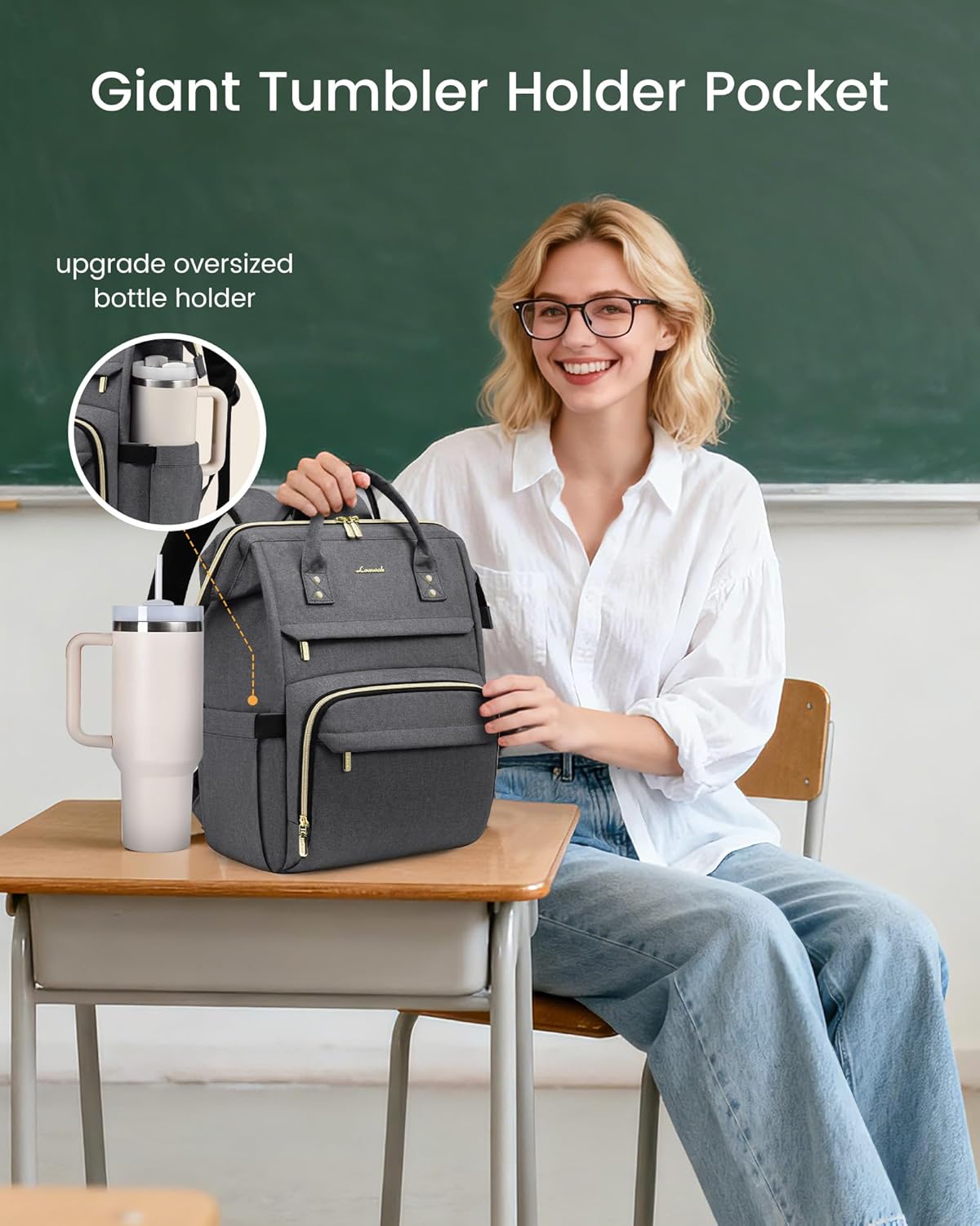 LOVEVOOK Laptop Backpack for Women with Giant Tumbler Holder Pocket,15.6 inch Waterproof Travel Backpack Purse Computer Laptop Bag,Professional Work College Nurse Teacher Backpack Casual Daypack,Black