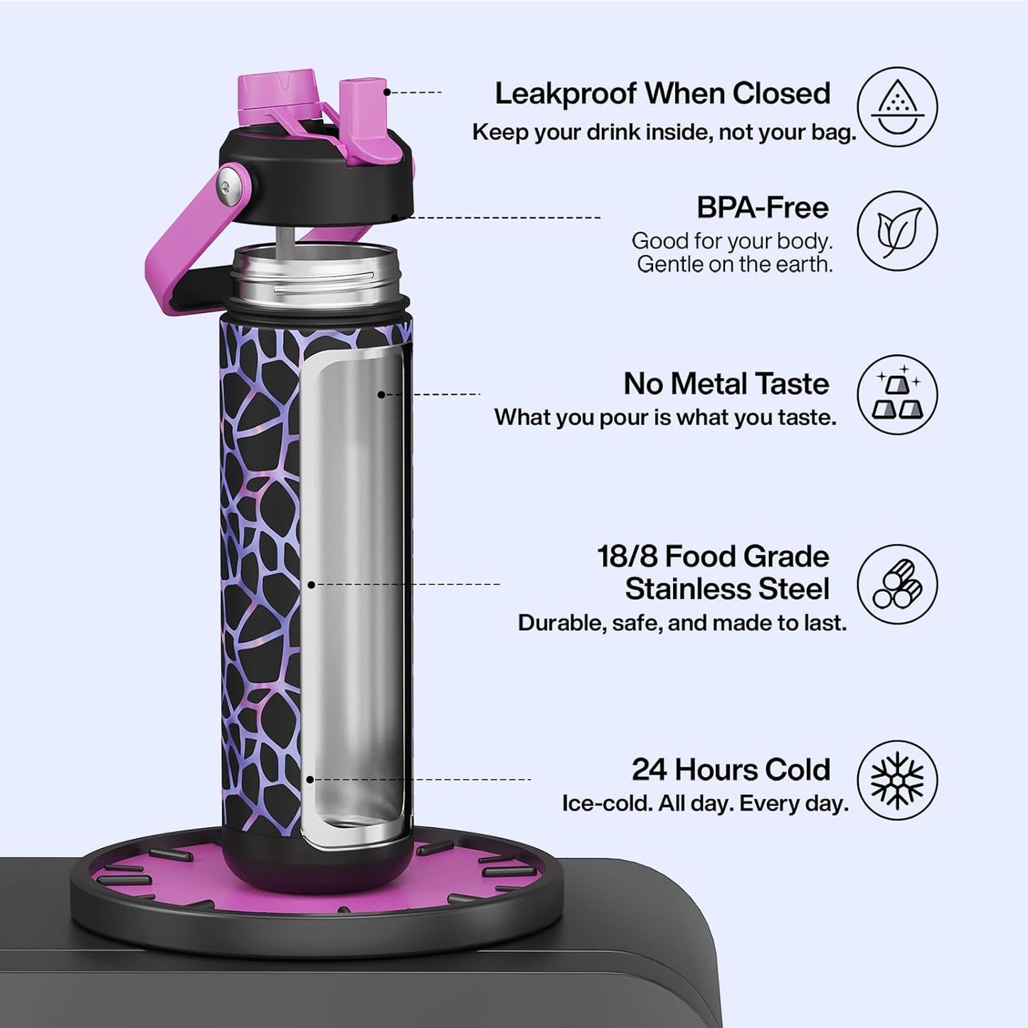 ENCOOL Insulated Water Bottle with Straw Stainless Steel Water Bottle, Leak-Proof, BPA-Free, Double Wall Vacuum Keeps Cold for 24 Hours for Sports, Travel, School (26 oz, Cotton Candy) - Colors B