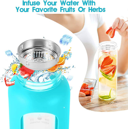 SipZest 32 oz Glass Water Bottle with Straw - Motivational Time Marker & Silicone Sleeve - Reusable Tumbler Includes 2 Bamboo Lids & Fruit Infuser - 1 Pack