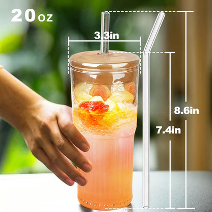 JunVpic Glass Cups with Lids and Straws,24oz Glass Tumbler with Handle Iced Coffee Cup for Coffee,Juice,Tea,Milk,Smoothie,Hot & Cold Drinks (Pink)