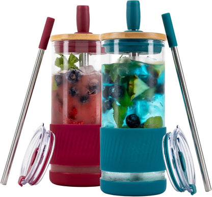 Pandaloo® Glass Cups With Lids and Straws -20 Fl Oz- Perfect Size Iced Coffee Cup - Smoothie Cup With Bamboo Lid and On the go Lid - Glass Tumbler With Straw (1 Count (Pack of 1), Lilac Rhapsody)