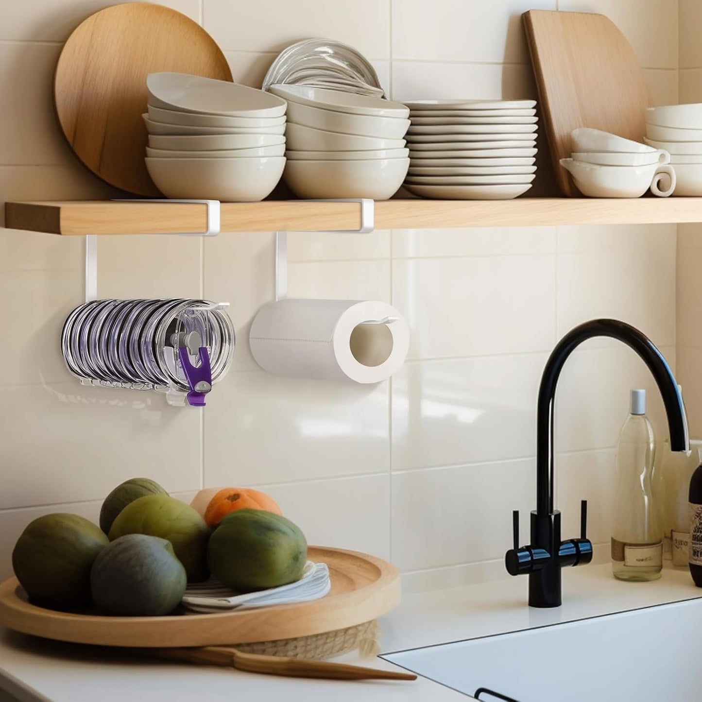 Tumbler Lid Organizer, Horizontal Tumbler Lid Storage Hook Up to 10 Lids, Space Saving Cup Lid Holders Under Cabinet Tumbler Lid Hook for Kitchen Organizer and Storage,Hanging Paper Towel Rack Hanger