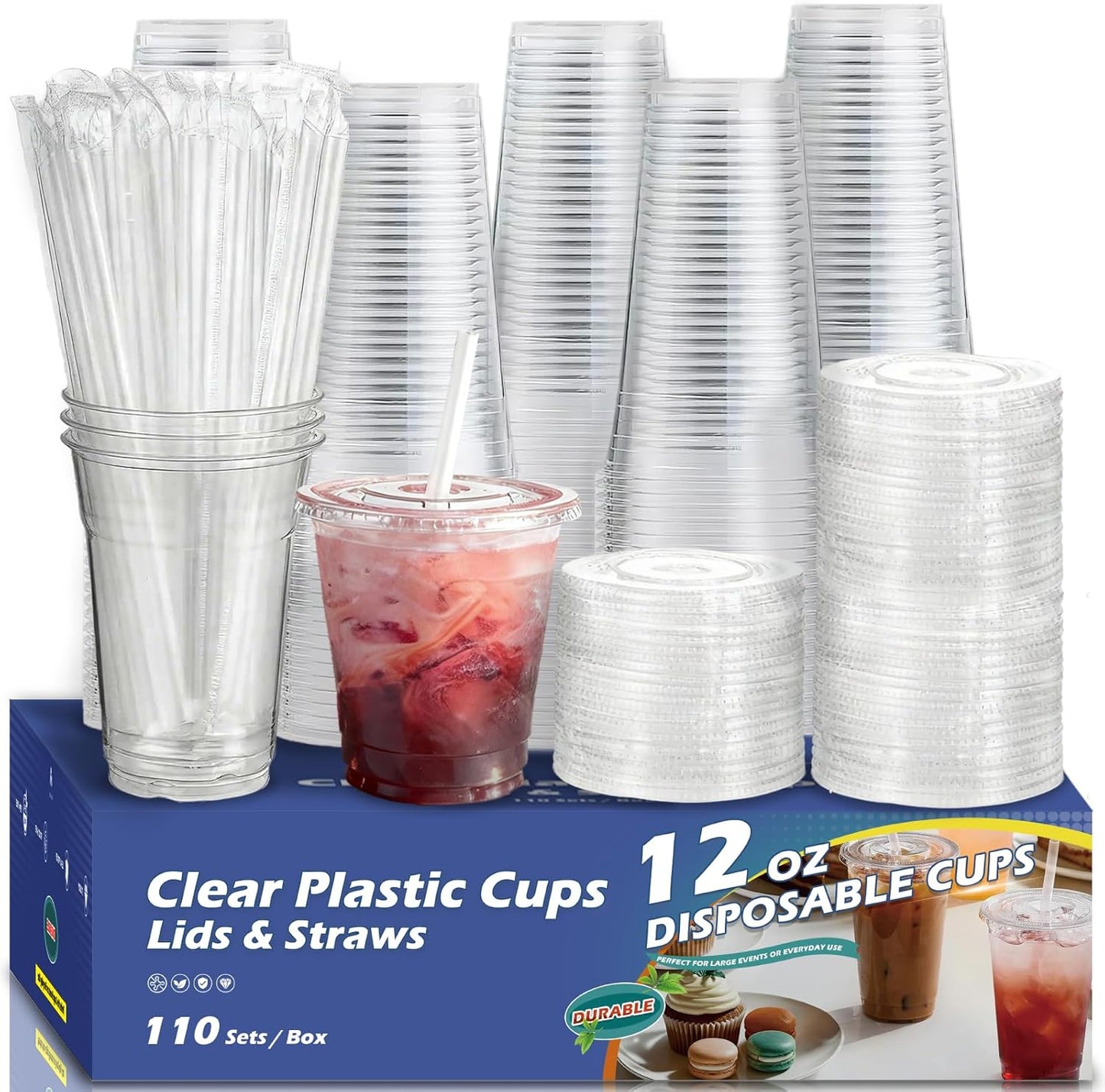110 Pack Clear Plastic Cups with Lids and Straws, 16 oz Disposable Iced Coffee Cups To Go, BPA-Free Cold Drink Cups for Smoothie, Matcha, Parties, Party