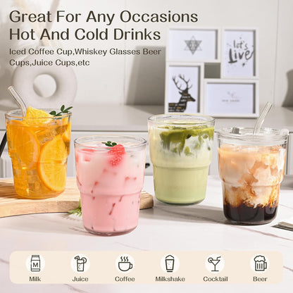 13oz Iced Coffee Cups,2Pcs Glass Cups with Lids and Straws Drinking Glasses,Clear Ribbed Glassware,Reusable Tumbler Glass to Go Cup for Matcha, Iced Tea,Juice