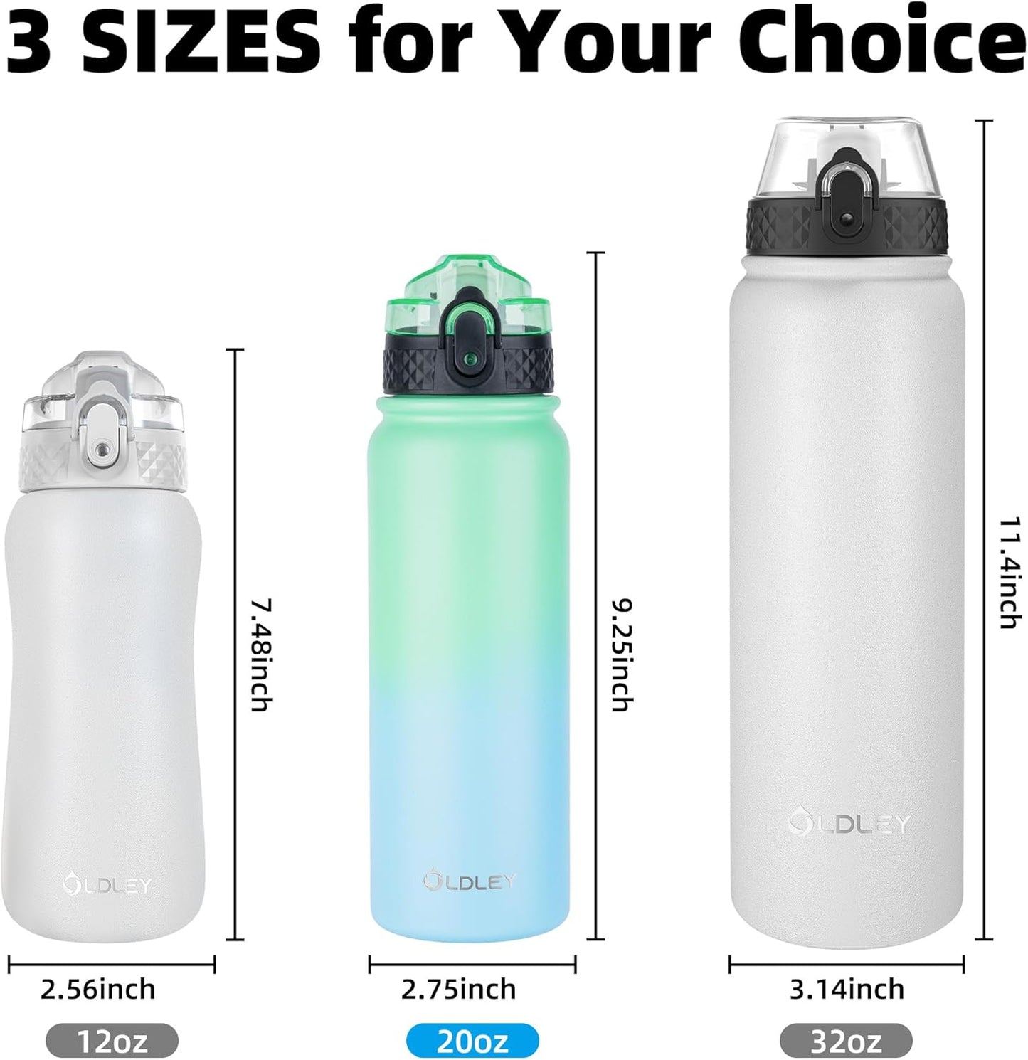 Oldley Insulated Water Bottle 20oz for Adults Kids Stainless Steel Water Bottles with Straw/Chug/Carabiner 3 Lids Fruit Strainer Double Wall Vacuum Wide Mouth BPA Free Leak-Proof for School Travel