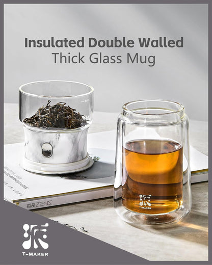 ZENS Modern Glass Infuser Teapot, One Touch Tea Maker for Loose Leaf Tea with Insulated Mug and Portable Case. Enchanted Pot Alternatives for Tea Lover Gifts