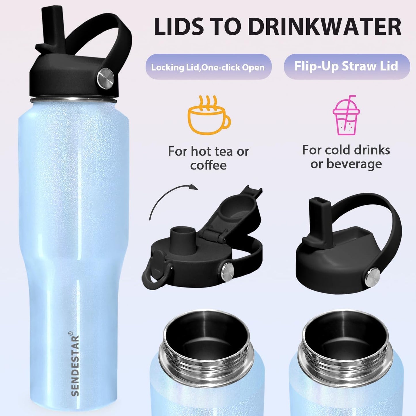 SENDESTAR 40oz Water Bottle Wide Mouth Stainless Steel Vacuum Insulated Double Wall with Straw Lids Fit in Any Car Cup Holder