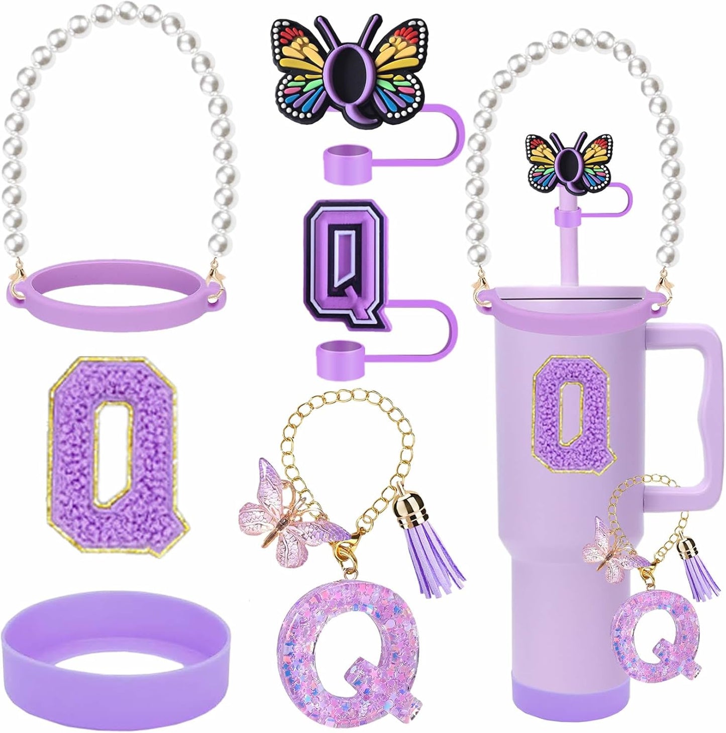 7pcs Cup Accessories for Stanley 30/40oz Tumbler, Handle Strap, Straw Cover, Silicone Boot, Letter Charm Stickers