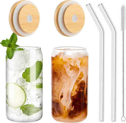 WISIMMALL Drinking Glasses with Bamboo Lids and Glass Straw 2PCS Set, 16oz Glass Cups with Lids and Straws, Beer, Iced Coffee Glasses, Soda, Gift 1 Cleaning Brushes