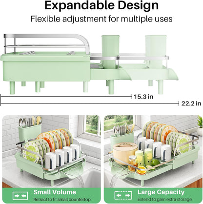 SAYZH Dish Drying Rack - Expandable Dish Rack for Kitchen Counter, Rust-Resistant Dish Drainer with Utensil Holder and Raised Guardrail, Kitchen Organizer for Cup and Bottle (Black)