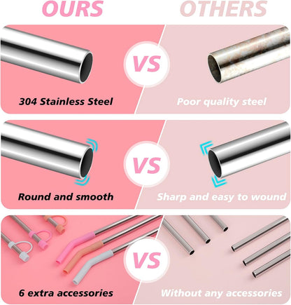 Jetstop 6 Straws with Cover for Stanley Tumbler, Reusable Stainless Steel Straws with Silicone Stoppers, Perfect for Stanley 40 oz Accessories (12 Inch 3 Straight and 3 Bent Straws Fit 40 oz)
