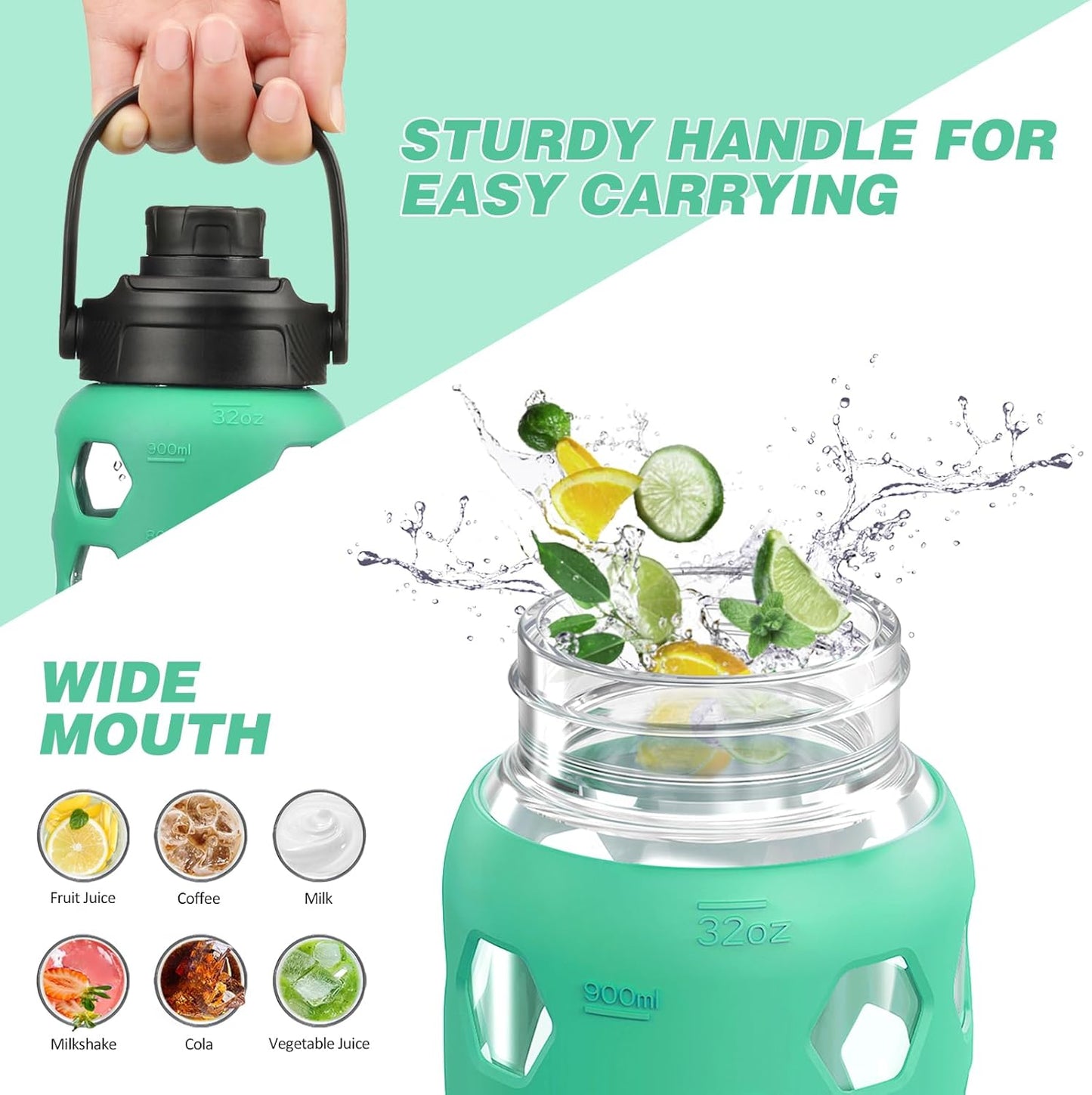 MUKOKO Glass Water Bottles, 32oz Glass Tumbler with Straw, Drinking Bottles with 2 Lids-Handle Spout Lid&Bamboo Straw Lid, Motivational Water Bottle with Time Marker and Silicone Sleeve, 1 Pack-Olive