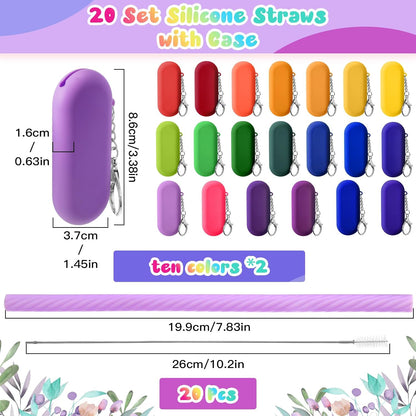 Irenare 20 Sets Silicone Straws with Case Reusable Collapsible Foldable Travel Portable Straw Cold or Hot Drinking with Carry Case, Long Cleaning Brush and Keychain, 10 Colors(Classic)