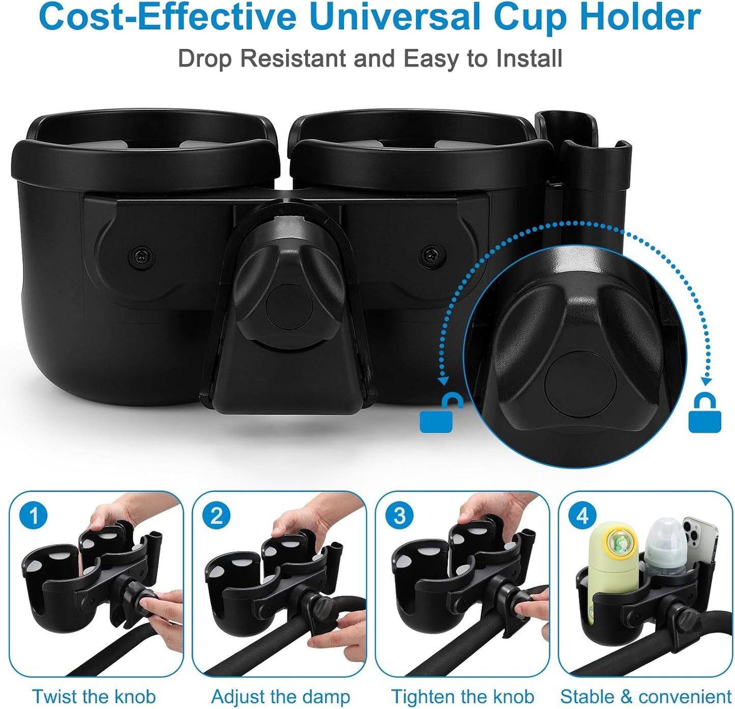 Accmor Stroller Cup Holder with Phone Holder, Bike Cup Holder, Universal Cup Holder for Uppababy Nuna Doona Strollers, 2-in-1 Cup Holder for Walker, Wheelchair, Scooter - Colors B