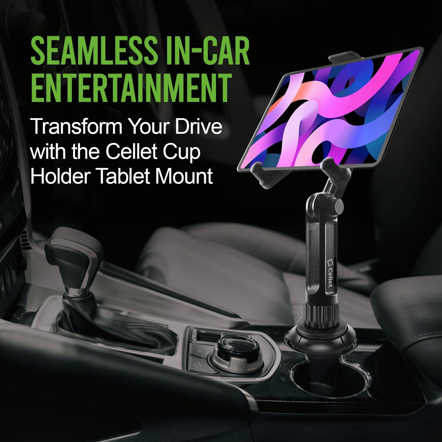Cellet Cup Holder Tray for Car with Phone Mount – Expandable Base, 360° Rotation Food & Drink Tray with Non-Slip Surface, Adjustable Arm for Eating in Vehicle – Fits Most Standard Car Cup Holders