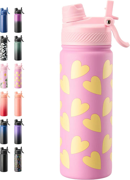 Fijinhom 18 oz Insulated Water Bottle, 2-in-1 Straw and Spout Lid Stainless Steel Thermos, Leak-Proof, Double Wall Vacuum Flask, Keep Cold 24H for Outdoor, Sports, Travel, School (Black)