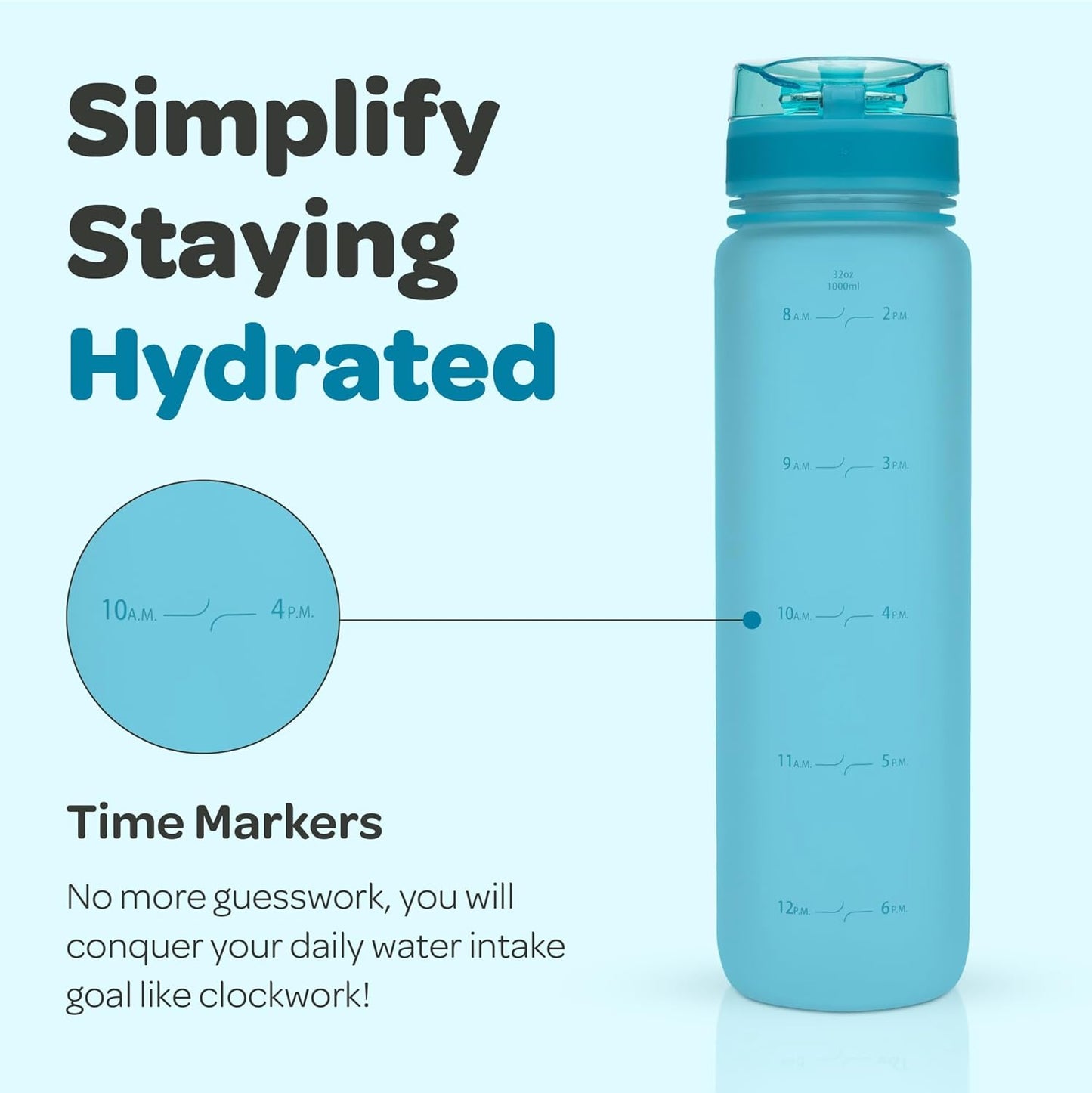 Hydracy Water Bottle with Time Marker -Large BPA Free Water Bottle & No Sweat Sleeve -Leak Proof Gym Bottle with Times to Drink - Ideal for Fitness Sports & Outdoors