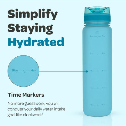 Hydracy Water Bottle with Time Marker -Large BPA Free Water Bottle & No Sweat Sleeve -Leak Proof Gym Bottle with Times to Drink - Ideal for Fitness Sports & Outdoors