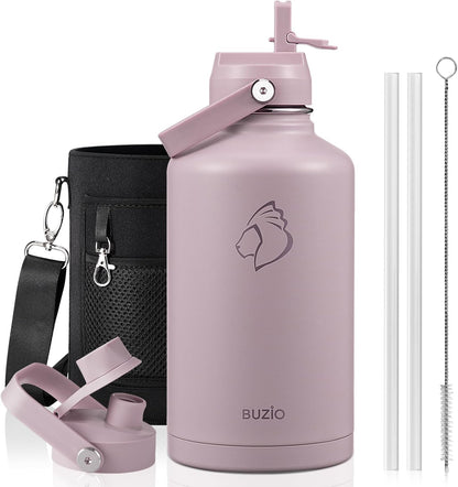 BUZIO 40oz Insulated Water Bottle, Triple Wall Vacuum Stainless Steel Water Flask with 2 lids, Lead-Free BPA-Free Straw Lid Sports Canteen Jug, Cold 48H & Hot 24H- Black - Colors A