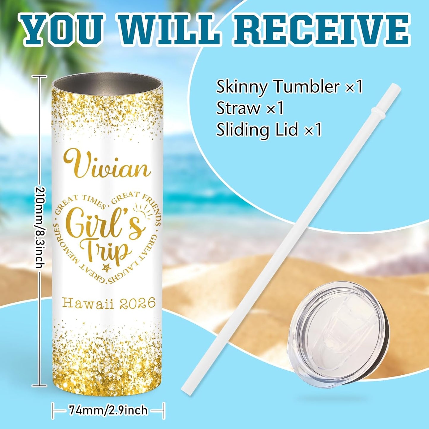 Girl Trip Gifts for Women, Personalized Girls Trip Tumblers with Name Text, Custom Beach Tumbler, Road Trips Vacation Cruise Cup with Lid and Straw, Bachelorette Party Girl Weekend Gift For Friend
