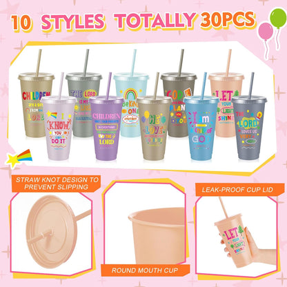 Uiifan 10 Pcs Christian Tumblers with Straws for Kids, Bible Verse Cups for VBS, Sunday School, Church Party Favors and Faith Gifts, Reusable Plastic Tumblers with Lids, 24 oz, White