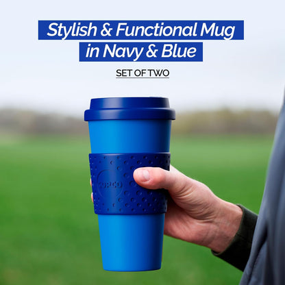 Copco Acadia 16oz Travel Mug with Lid, Set of 2 Double Wall Insulated Tumbler, Non-Slip Sleeve and BPA-Free - Microwave & Dishwasher Safe, Reusable Plastic To Go Travel Coffee Mug (Navy/Blue)