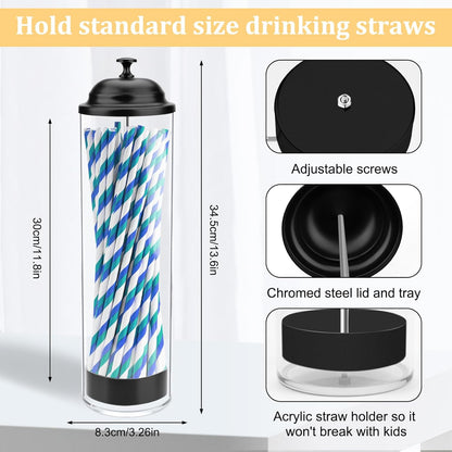 13.5 inch Straw Holder for Standard & Long Bended Size Drinking Straws, Acrylic Plastic Straw Dispenser with Lid, Black, Heavy Duty, 1 Piece
