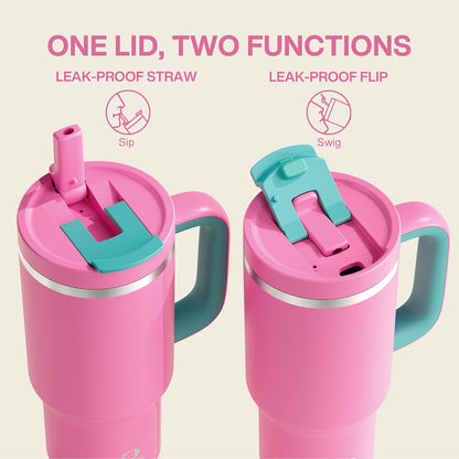 40 oz Tumbler with Handle and Straw: Stainless Steel Insulated Tumbler Keeps Cold for 24 Hours, Leakproof Travel Cup Fits in Cup Holder and BPA-Free, Cotton Candy
