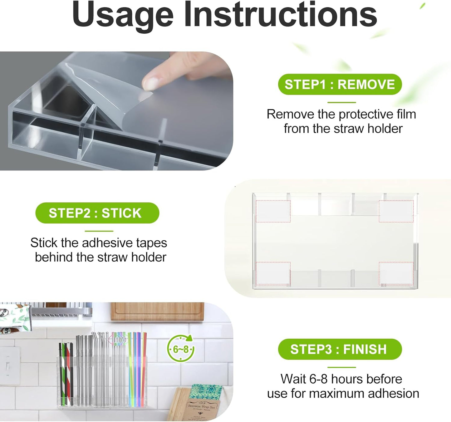 9.5” Large Acrylic Straw Holder for Cabinet Door with Detachable Ultra Sticky Adhesive Squares and Stickers, 2026 Reusable Straws Organizer Storage Dispenser for Kitchen Counter Cupboard