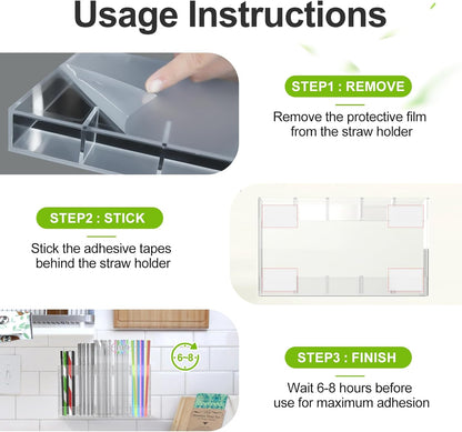 9.5” Large Acrylic Straw Holder for Cabinet Door with Detachable Ultra Sticky Adhesive Squares and Stickers, 2026 Reusable Straws Organizer Storage Dispenser for Kitchen Counter Cupboard