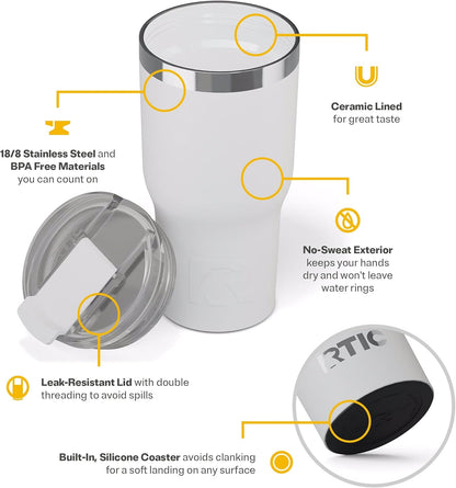 RTIC 20oz Essential Tumbler with Lid, Ceramic Lined, Insulated, Stainless Steel, Metal, Double Wall Vacuum-Insulation, Travel Cup for Iced Coffee, Tea, Hot and Cold Drink, Graphite