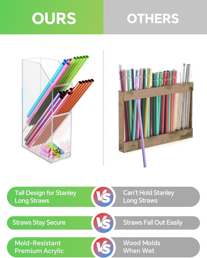 NiHome Straw Holder for Kitchen Cabinet Door, Large Capacity Dual Compartments for 10-12 Inch Straws, Angled Design for Easy Access, Extra Bottom Storage for Caps, Horizontal or Vertical Placement