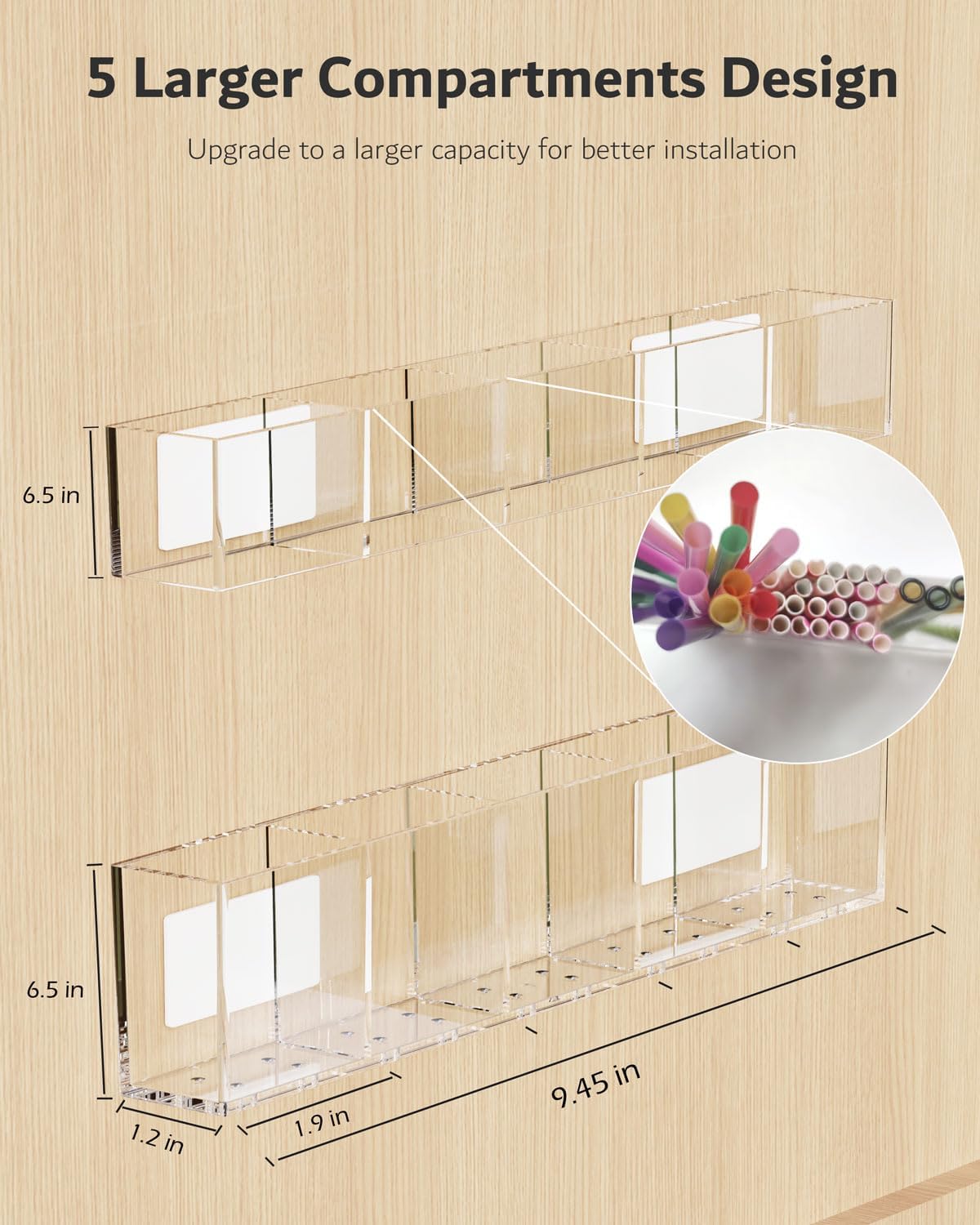 Upgraded 9.5'' Large Acrylic Straw Holder for Cabinet Door, Adjustable Space-Saving Straw Organizer Storage Dispenser for Cabinet with Ultra Sticky Adhesive Strips, 2-Part Rack, Drainage Holes