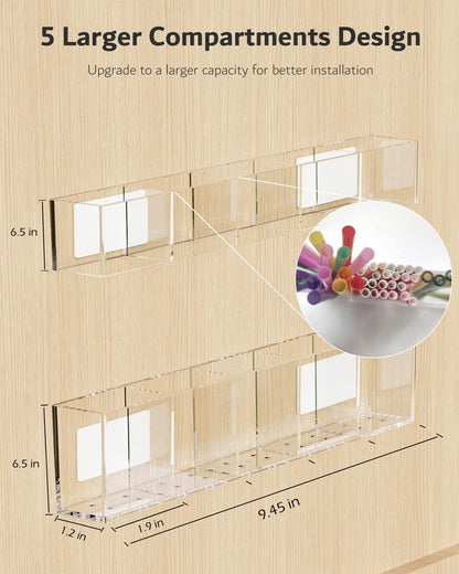 Upgraded 9.5'' Large Acrylic Straw Holder for Cabinet Door, Adjustable Space-Saving Straw Organizer Storage Dispenser for Cabinet with Ultra Sticky Adhesive Strips, 2-Part Rack, Drainage Holes