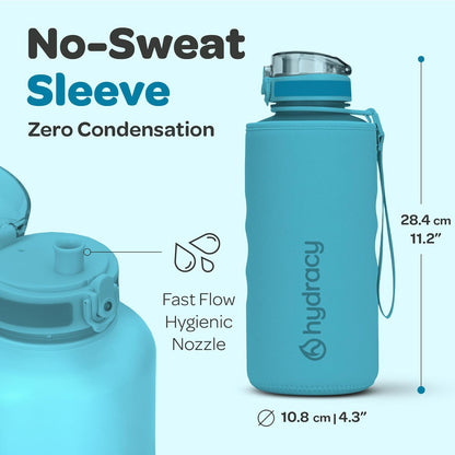 Hydracy Water Bottle with Time Marker -Large BPA Free Water Bottle & No Sweat Sleeve -Leak Proof Gym Bottle with Times to Drink - Ideal for Fitness Sports & Outdoors