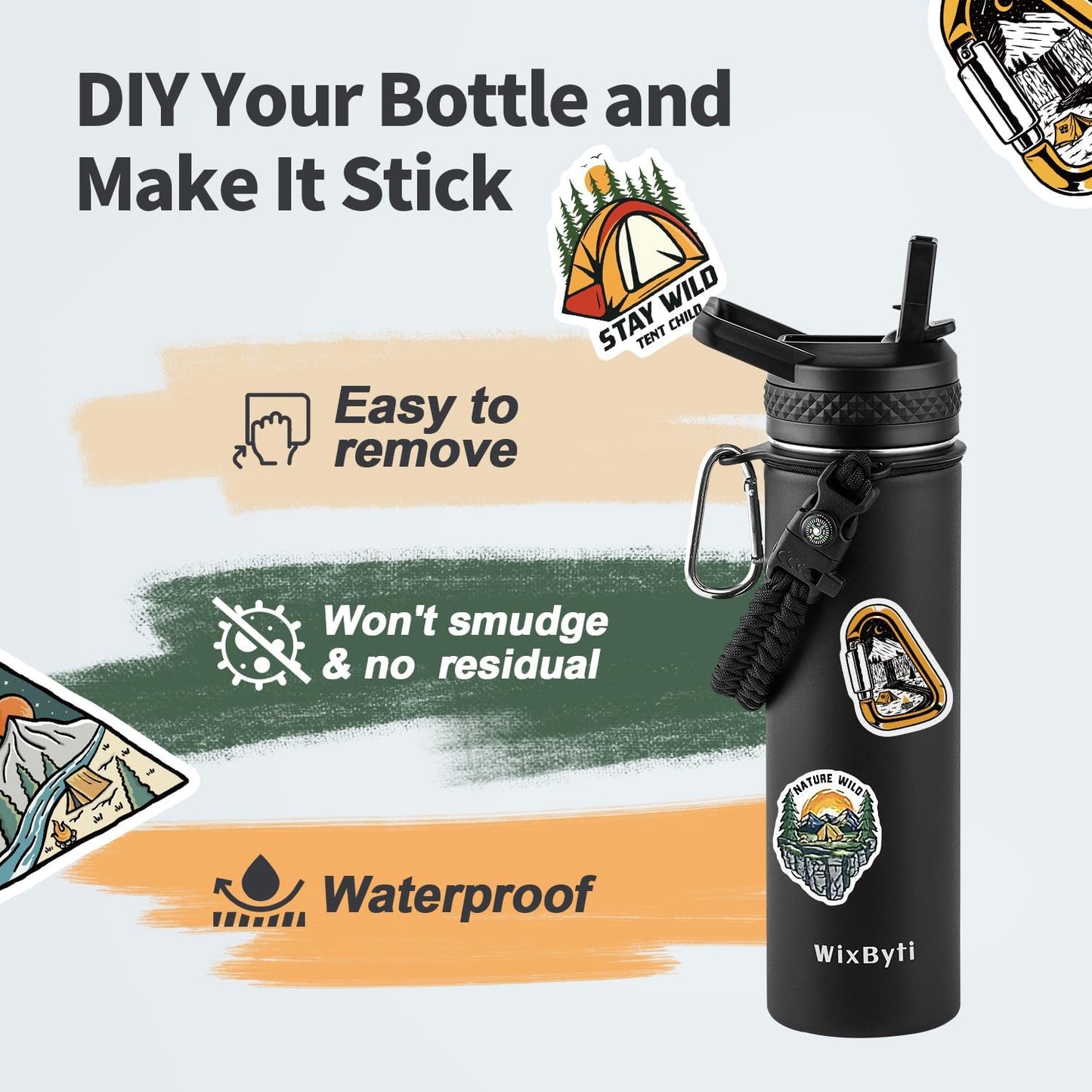 WixByti 40 oz Insulated Water Bottle with Straw (Cold for 36 Hrs), Stainless Steel Triple Wall Vacuum Sports Water Jug, Leakproof Hydro Cup Flask with Paracord Handle & Straw Spout Lids & DIY Stickers