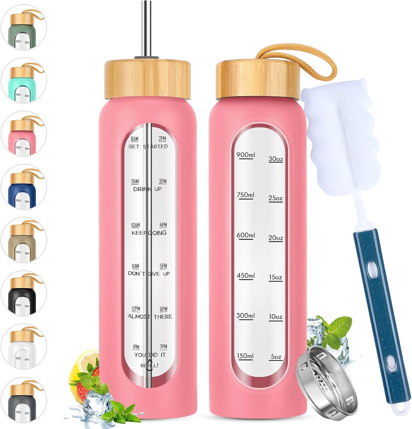 SipZest 32 oz Glass Water Bottle with Straw - Motivational Time Marker & Silicone Sleeve - Reusable Tumbler Includes 2 Bamboo Lids & Fruit Infuser - 1 Pack