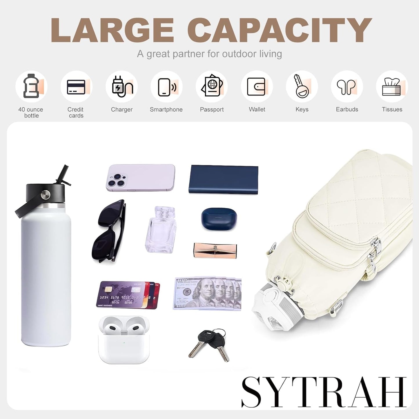 SYTRAH Water Bottle Bag Crossbody，Insulated Water Bottle Purse Crossbody Water Bottle Holder with Strap 40 oz