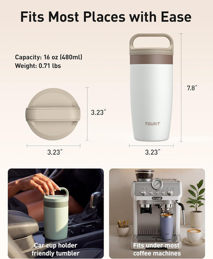 TOURIT Travel Coffee Mug 16 oz, Leakproof 2-Part Drink Lid Coffee Tumbler Cup, Insulated Stainless Steel Travel Mug, Dishwasher Safe Reusable Water Bottle, BPA-Free Coffee Mug,Dark Green