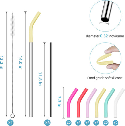 40 oz Stainless Metal Straws for 40 oz Stanley Tumbler, 6Pcs Reusable Straight Long Steel Straws with 12 Silicone Tips and 2 Straw Cleaning Brushes (6Color1, 40oz)