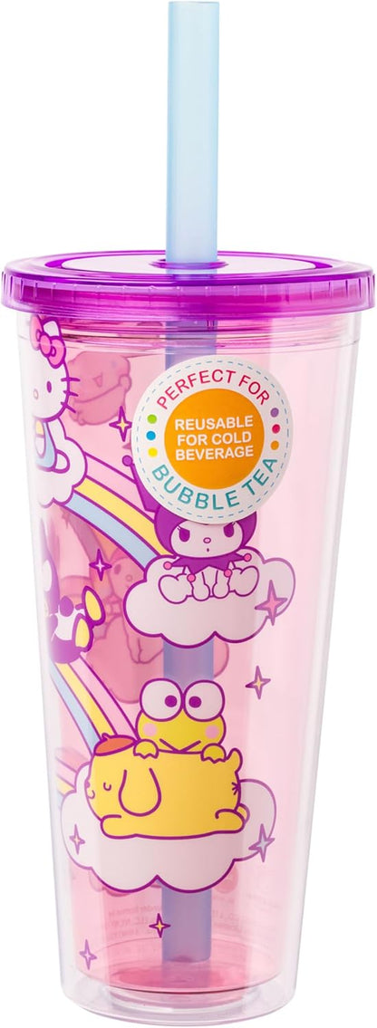 Silver Buffalo Sanrio Hello Kitty and Friends Plastic Boba Tumbler with Lid and Straw Featuring Hello Kitty, Cinnamorroll, Kuromi, My Melody, Badtz Maru, Keroppi, Chococat, and Pompompurin, 24 Ounces