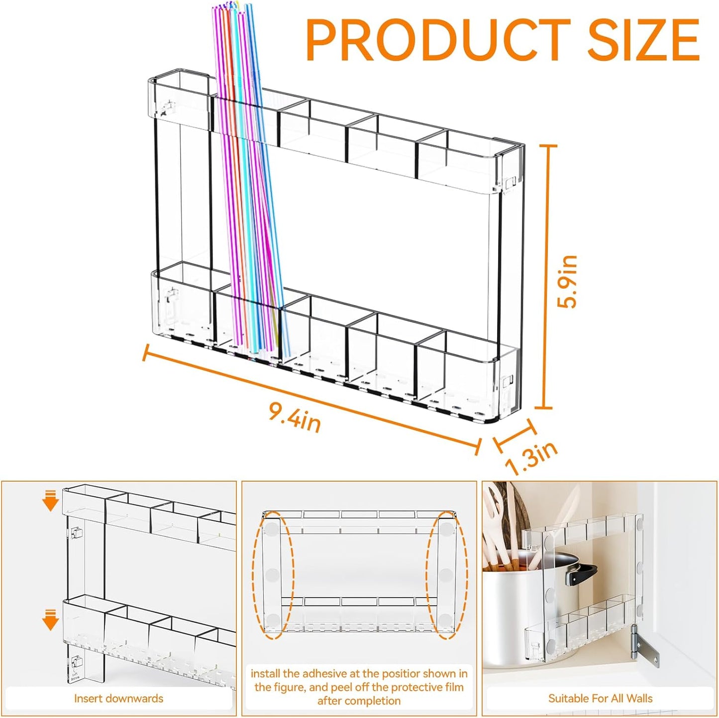 Yieach Acrylic Straw Holder for Cabinet Door- with Adhesive,No Damage Installation - 9.4 Inch Water Bottle,Cup,Drinking and Tumbler Reusable Straw Organizer Storage for Cupboard Door,Clear,Pack of 1