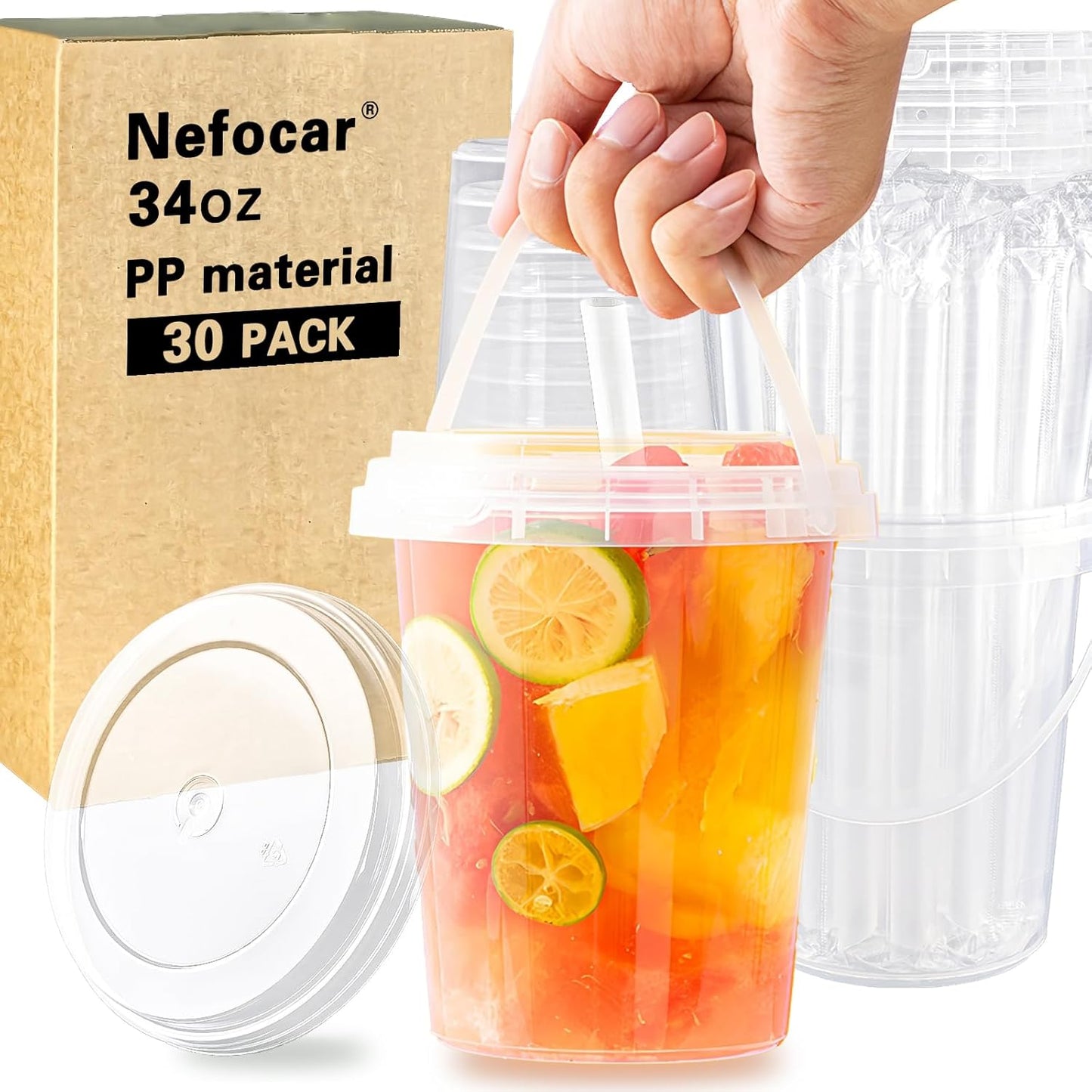 10 Pack 34oz Plastic Cups with Lids and Straws, Disposable Iced Coffee Cups with Lids,Sturdy & Food Safe Drink Buckets for Cold/Hot Drinks,Smoothies, Fruit Drinks Cups Summer Beverages,Bar/Beach Party