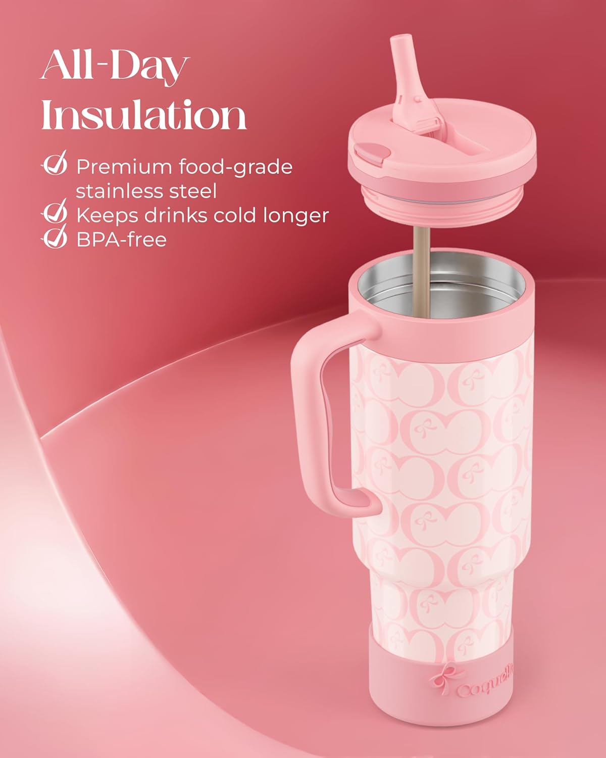 40 oz Insulated Tumbler with Handle and Push-Button Straw Lid, Stainless Steel Travel Cup for Gym Office, Leakproof, BPA-Free, Cup Holder Friendly, Bow Silicone Boot, Purple (Light Lilac)