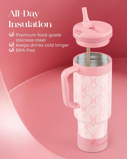 40 oz Insulated Tumbler with Handle and Push-Button Straw Lid, Stainless Steel Travel Cup for Gym Office, Leakproof, BPA-Free, Cup Holder Friendly, Bow Silicone Boot, Purple (Light Lilac)
