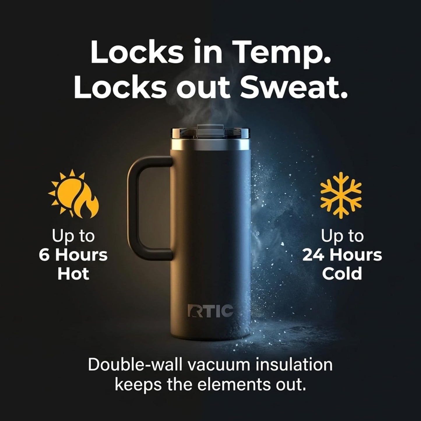 RTIC 20oz Road Trip Travel Mug with Lid and Handle, Ceramic Lined, Insulated, Stainless Steel, Metal, Double Wall Vacuum-Insulation, Portable Coffee, Tea Cup for Hot and Cold Drink, Black