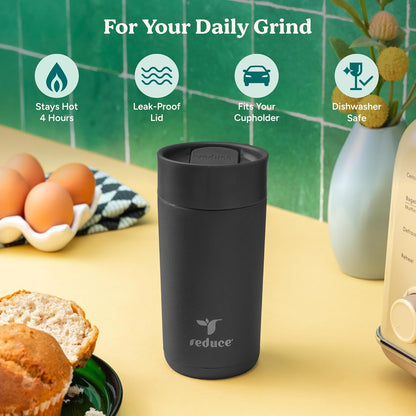 REDUCE Perk 10oz Insulated Coffee Tumbler – Leak-Proof with Lockable Lid and Vacuum Insulation–Durable Stainless Steel–Fits Car Cup Holders–One-Handed Travel Mug in Sand Leopard Print-Gentle Lavender