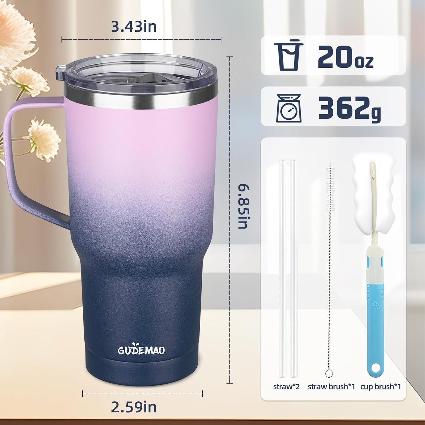 20 oz Insulated Coffee Mug with Ceramic Coating, Stainless Steel Travel Mug Tumbler with Handle Lid and Straw, Double Wall Leak-Proof Coffee Travel Mug Keeps Drink Hot and Cold (Black)