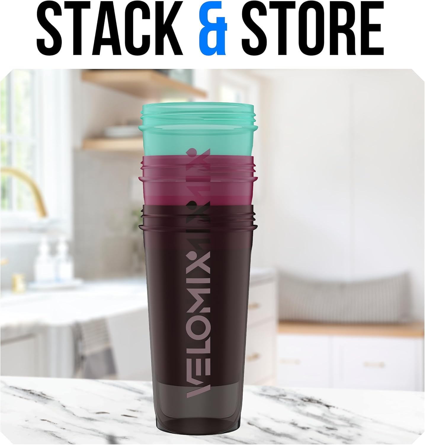 VELOMIX -3 PACK- 14 oz Protein Shaker Bottle for Protein Mixes - 3x Wire Whisk | Leak Proof Shaker Cups for Protein Shakes | Stackable Protein Shaker Bottle Pack | Dishwasher Safe (Mixed Colors)