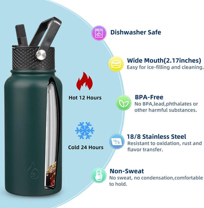 BJPKPK Insulated Water Bottles with Straw Lid, 40oz Stainless Steel Water Bottles with 3 Lids, BPA Free Leakproof Thermo, Tumblers, Cups for Sports, Gym- Midnight - Colors B